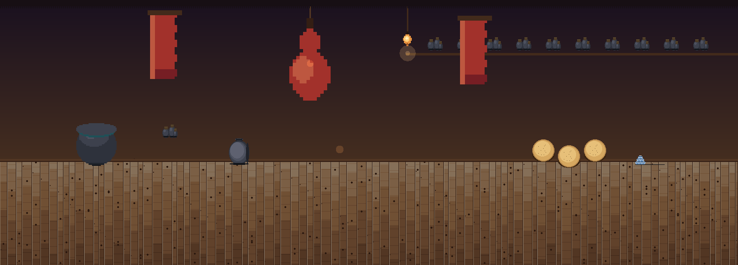 A warm dusk still-life — a big lacquered wine gourd hung as a shop-sign, flanked by wine banners, over a counter and shelf packed with individually-thrown wine vessels, a lantern glowing.