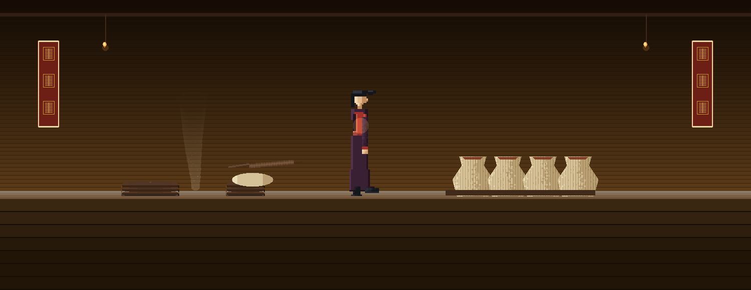A warm, close portrait of a master folder at her lit counter, mid-fold over a board of shaomai, steamers beside her, couplet scrolls framing the room.