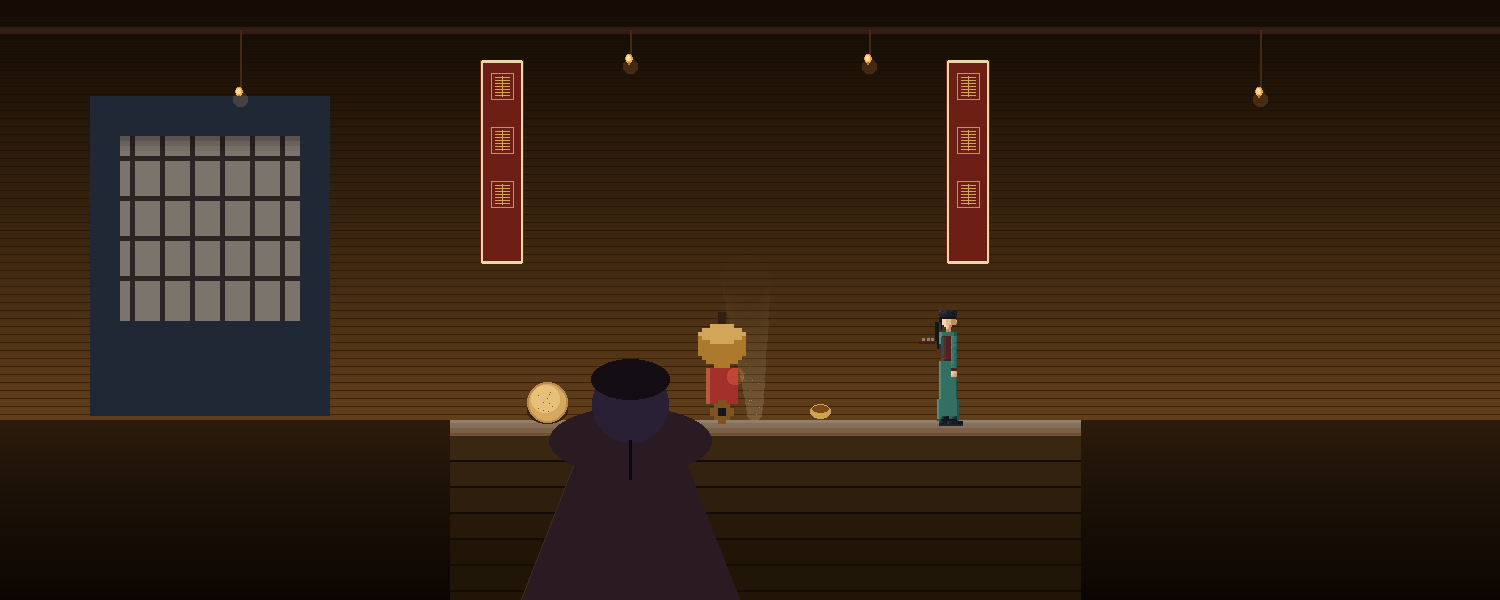 A warm lantern-lit interior — a dignified guest, seen from behind and faceless, seated at a table set with a wine pot and cups, the keeper attending across the table, a latticed window and couplet scrolls behind.