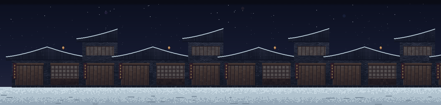 A snowbound street on New Year's Eve, every shop shuttered and dark, a few cold red lanterns hung, distant fireworks glowing over the rooftops.