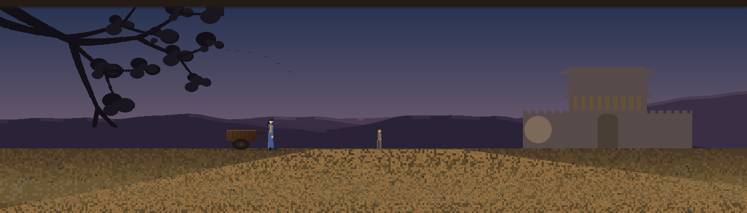 A lone traveller with a handcart on a dawn road, the walls and gate-tower of the capital distant on the horizon, the Western Hills behind.